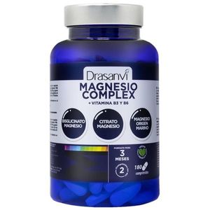 MAGNESIO COMPLEX con VITAMINA B3 y B6 DE DRASANVI une las tres fuentes de MAGNESIO más importantes: BISGLICINATO, CITRATO y MAGNESIO MARINO en 180 comprimidos, para una MAXIMA ASIMILACION y EFICACIA del producto.