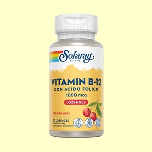 Solaray VITAMINA B12 con ACIDO FÓLICO 1000 mcg sabor a CEREZA 90 comprimidos 
